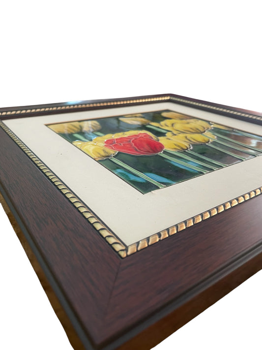 Handpainted Tulips Vintage Ceramic Tile In Custom Wooden Frame