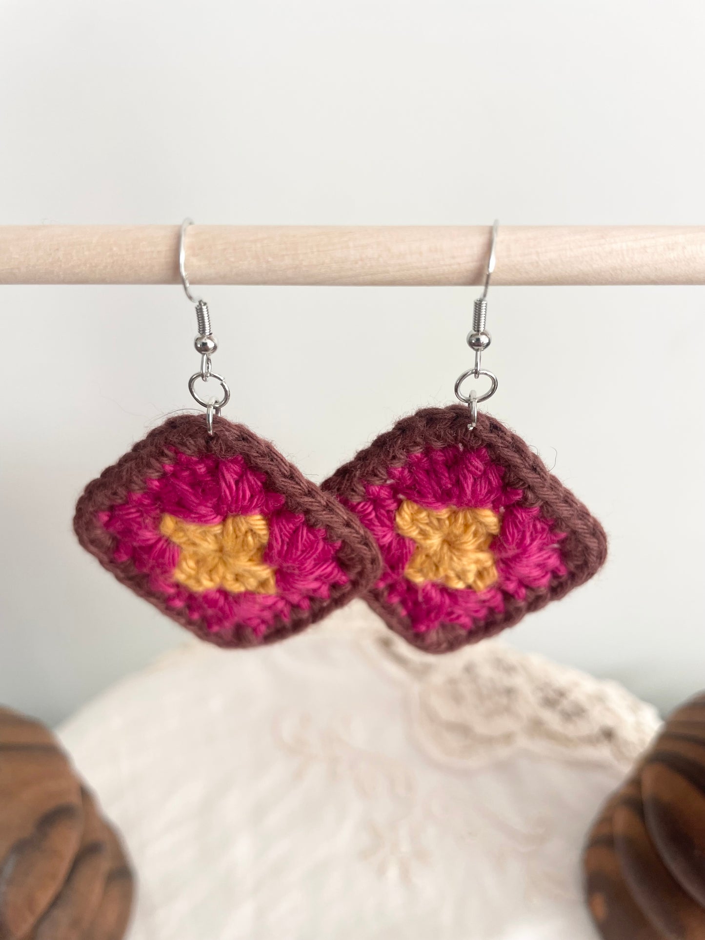 Crochet Little Square Earrings - Yellow/Pink/Brown