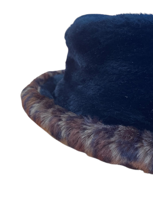 Black Faux Fur Hat with Leopard print trim