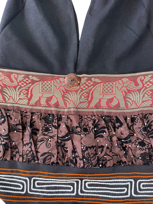 Hobo Style Sling Bag with Elephants and Embroidered Trim