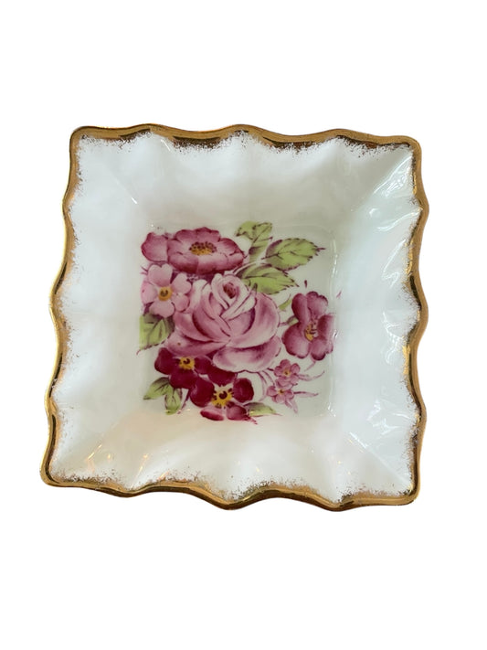 Bone China Butter Pat/Trinket Dish with pink floral motifs & gold trims VTG