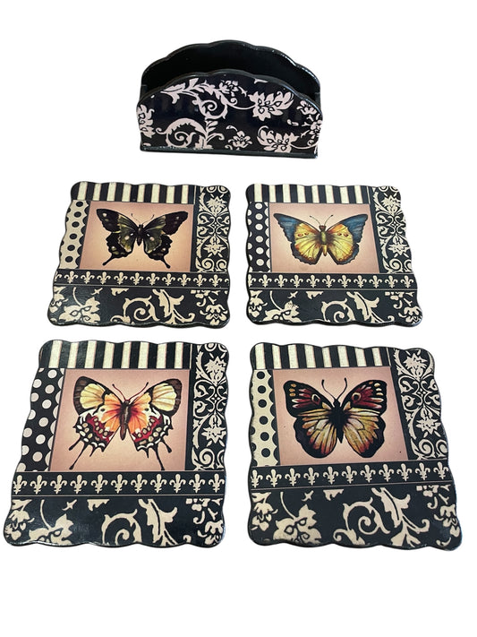 Lacquered Butterfly Coasters with Stand - Set of 4