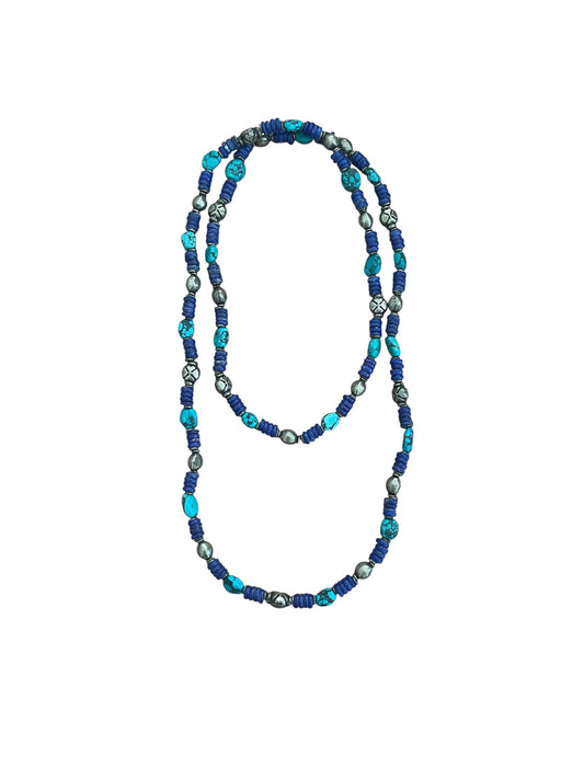 Blue gemstone and silver bead necklace