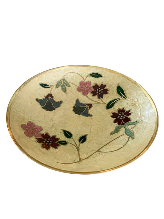Vintage Brass Cloisonné Enamel footed bowl with floral motifs