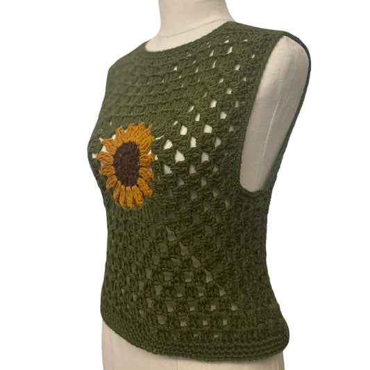 Crochet Sunflower Hippie Vest - GREEN