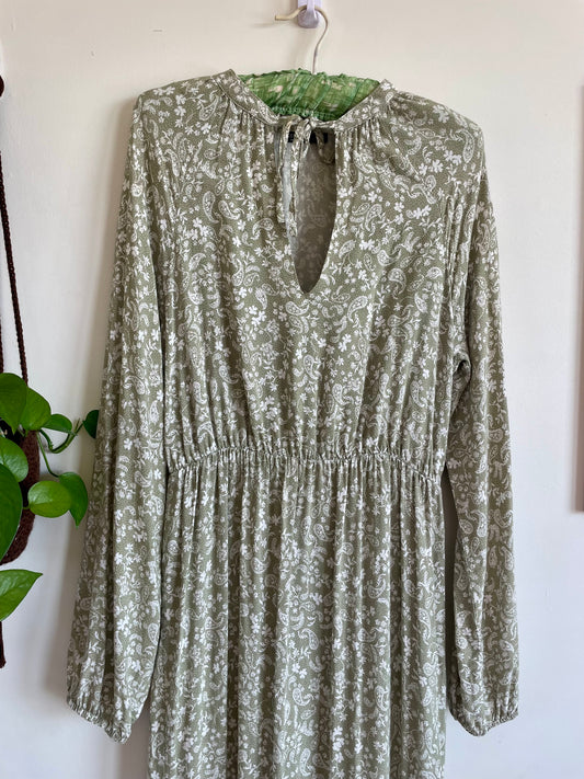 Long Sleeve Sage Paisley Print Dress