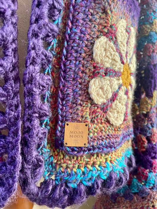 Purple Rainbow Reversible Crochet Cardigan with Bell Sleeves