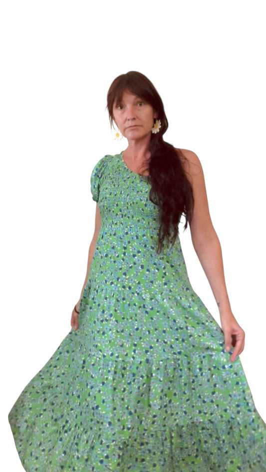 Preloved Blue/Green Retro Print One Shoulder Dress - Sz M