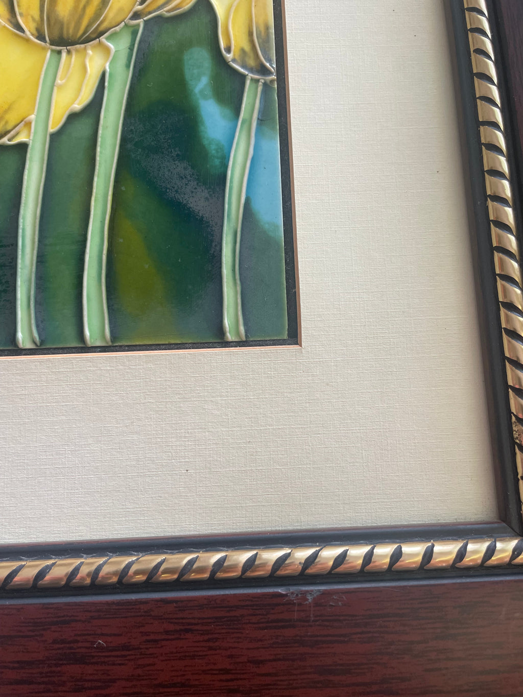 Handpainted Tulips Vintage Ceramic Tile In Custom Wooden Frame