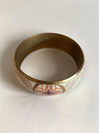Vintage Brass Enamel Bangle Geometric Tile Cream Blush Pink Gold Cloisonne Cuff Bracelet