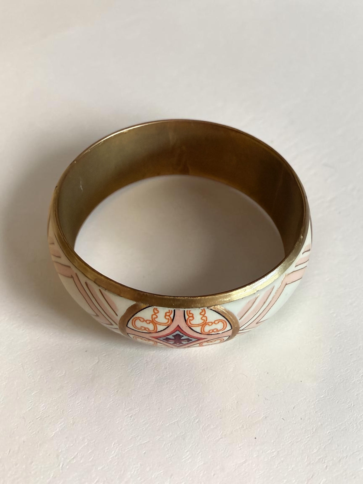 Vintage Brass Enamel Bangle Geometric Tile Cream Blush Pink Gold Cloisonne Cuff Bracelet