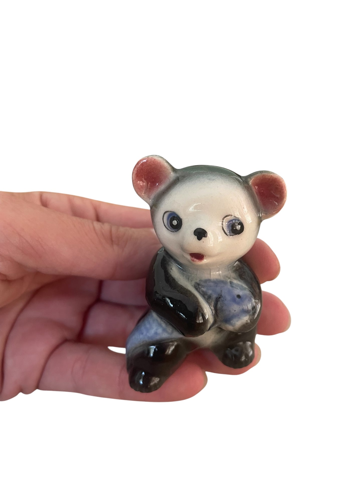Ceramic Vintage Mini Panda with Fish Figurine Kitsch Japan