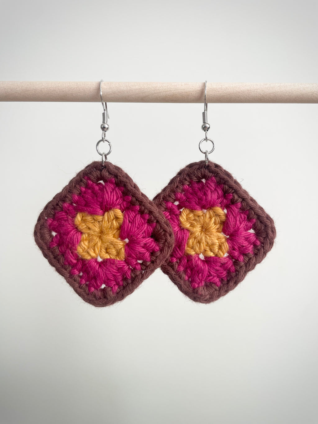 Crochet Little Square Earrings - Yellow/Pink/Brown