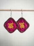 Crochet Little Square Earrings - Yellow/Pink/Brown