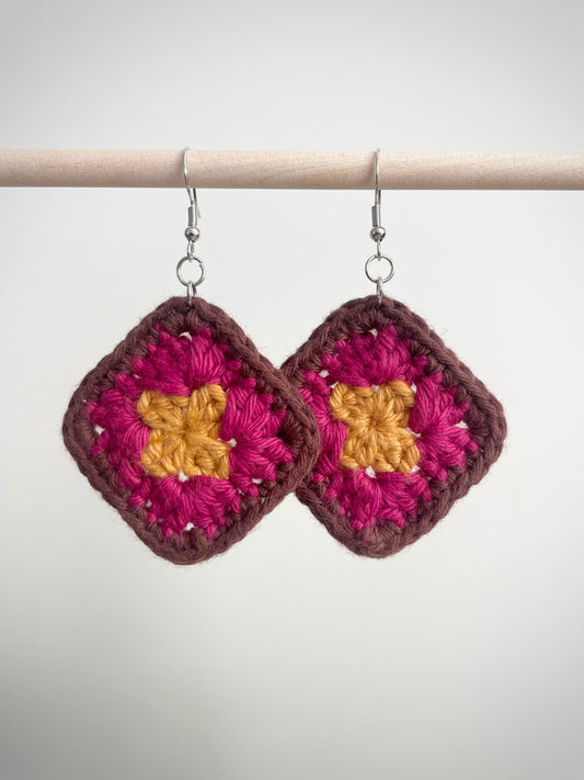Crochet Little Square Earrings - Yellow/Pink/Brown