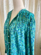 70s Inspired Turquoise Gypsy Border Print Blouse Sz 14