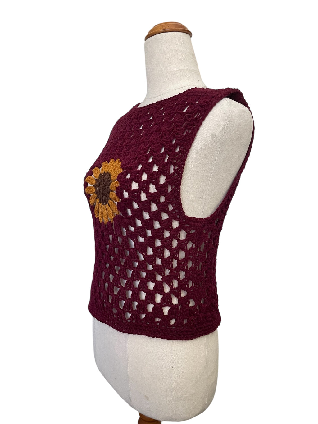 Crochet Sunflower Vest - Deep Red