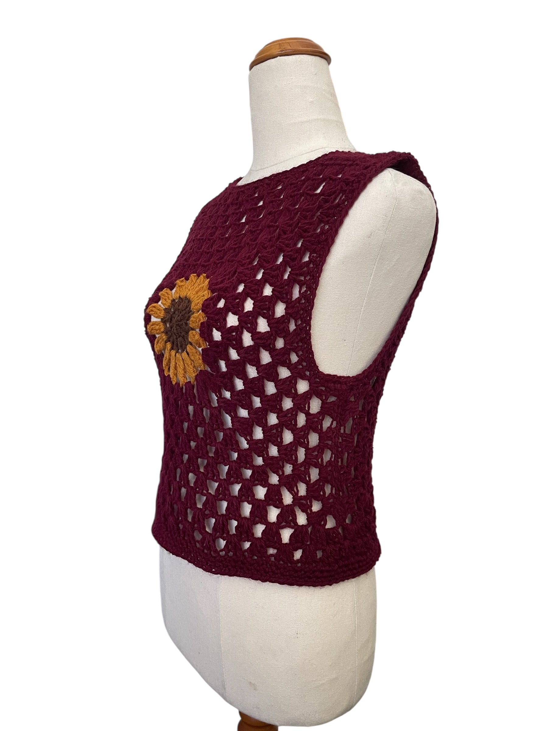 Crochet Sunflower Vest - Deep Red
