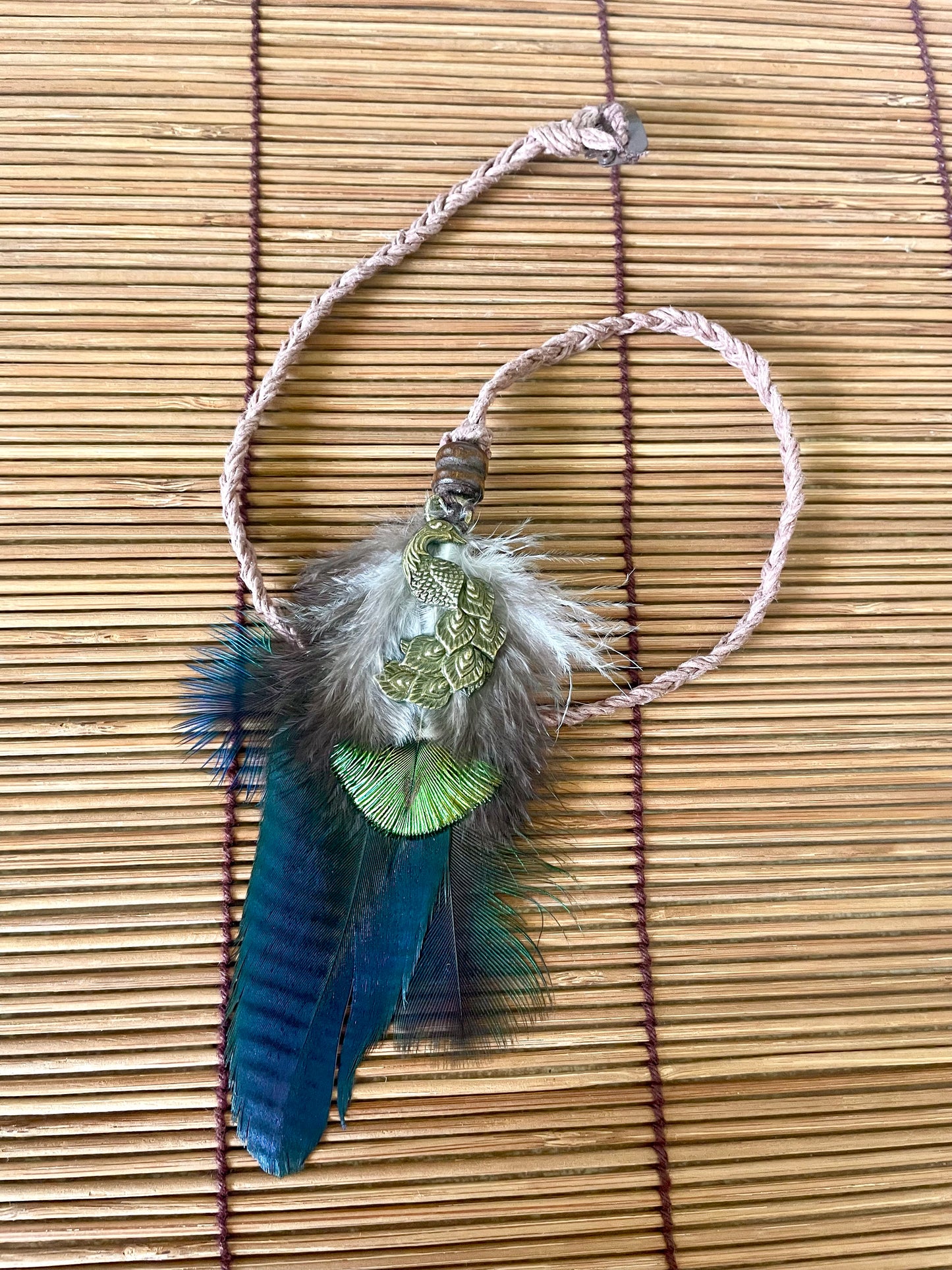 Feather & Hemp Hair Extension - Iridescent with Brass Peacock