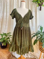 Olive Green Velvet Peasant Style Mini Dress