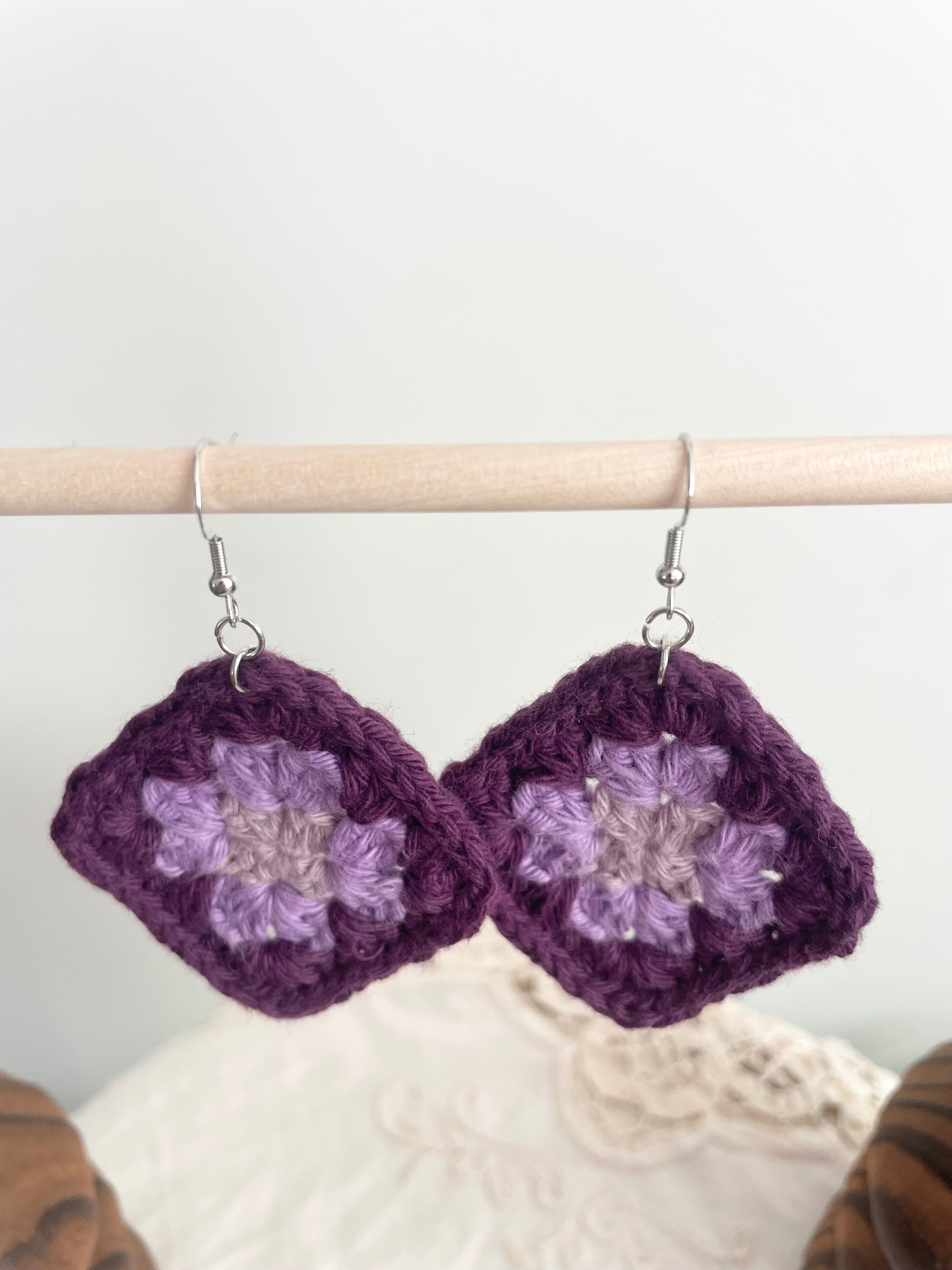 Crochet Big Square Earrings - Purple Tone