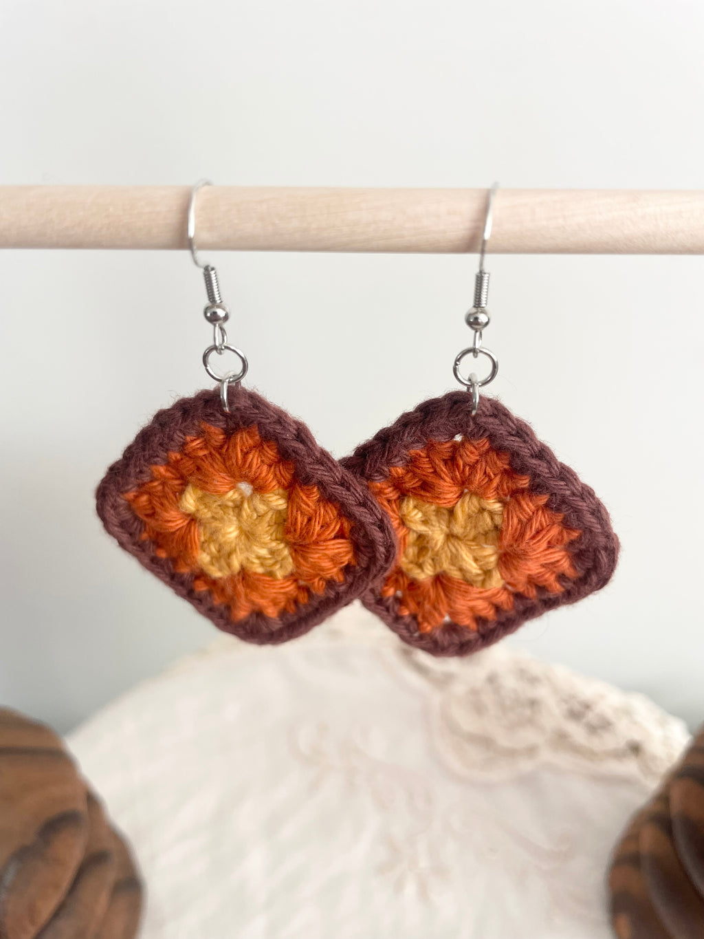 Crochet Little Square Earrings - Yellow/Orange/Brown