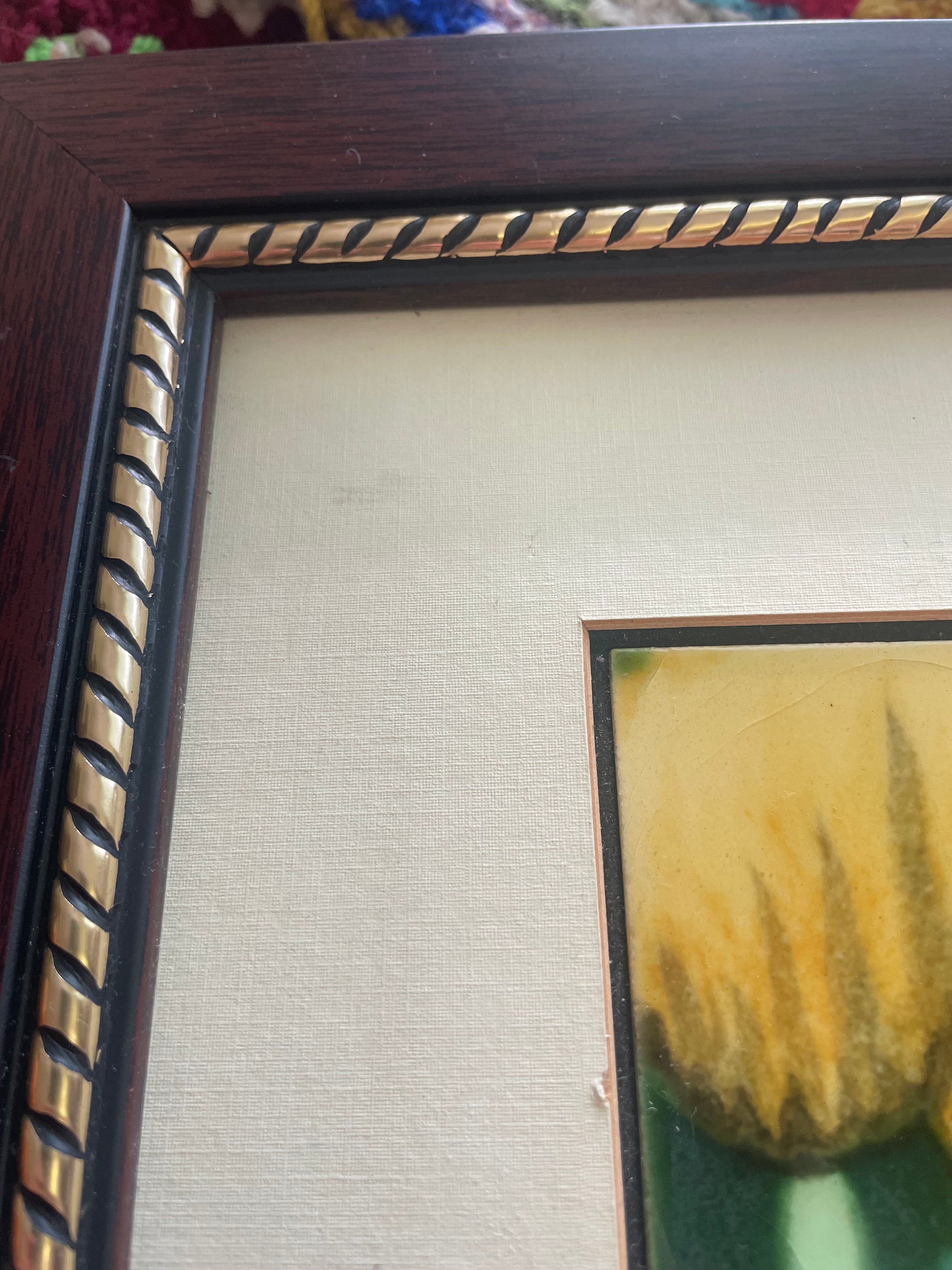 Handpainted Tulips Vintage Ceramic Tile In Custom Wooden Frame