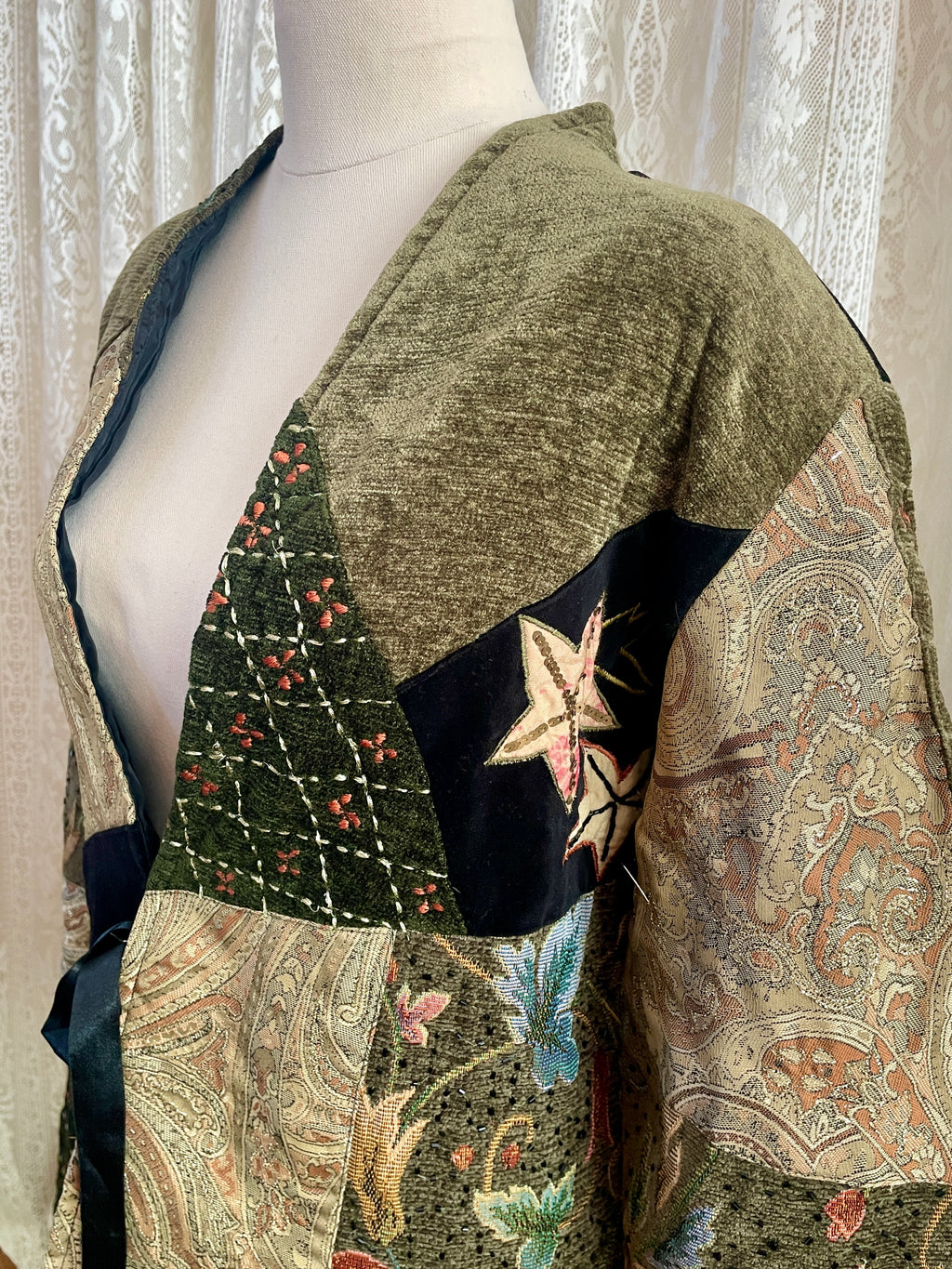 Vintage 90s Indigo Moon Star Patchwork Jacket – Velvet Tapestry Tie Front - Sz L