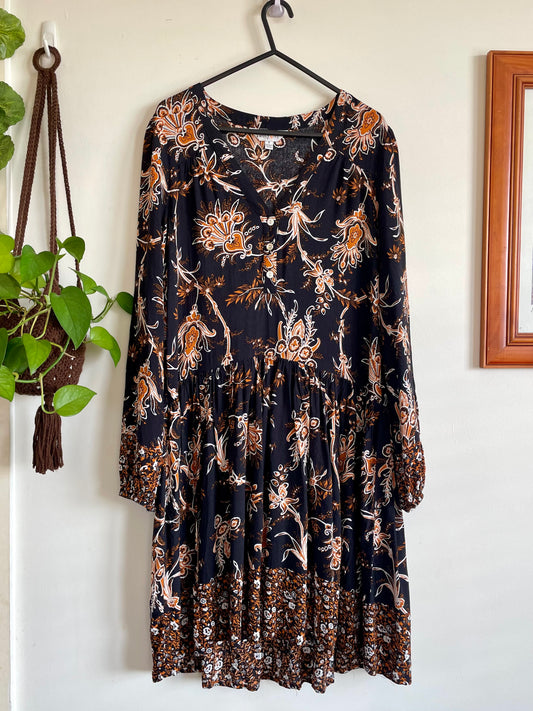 Paisley black & brown floral print l/s dress