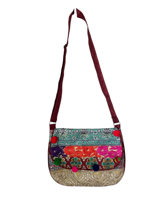Bright Patchwork Shoulder Bag with Pom Pom details