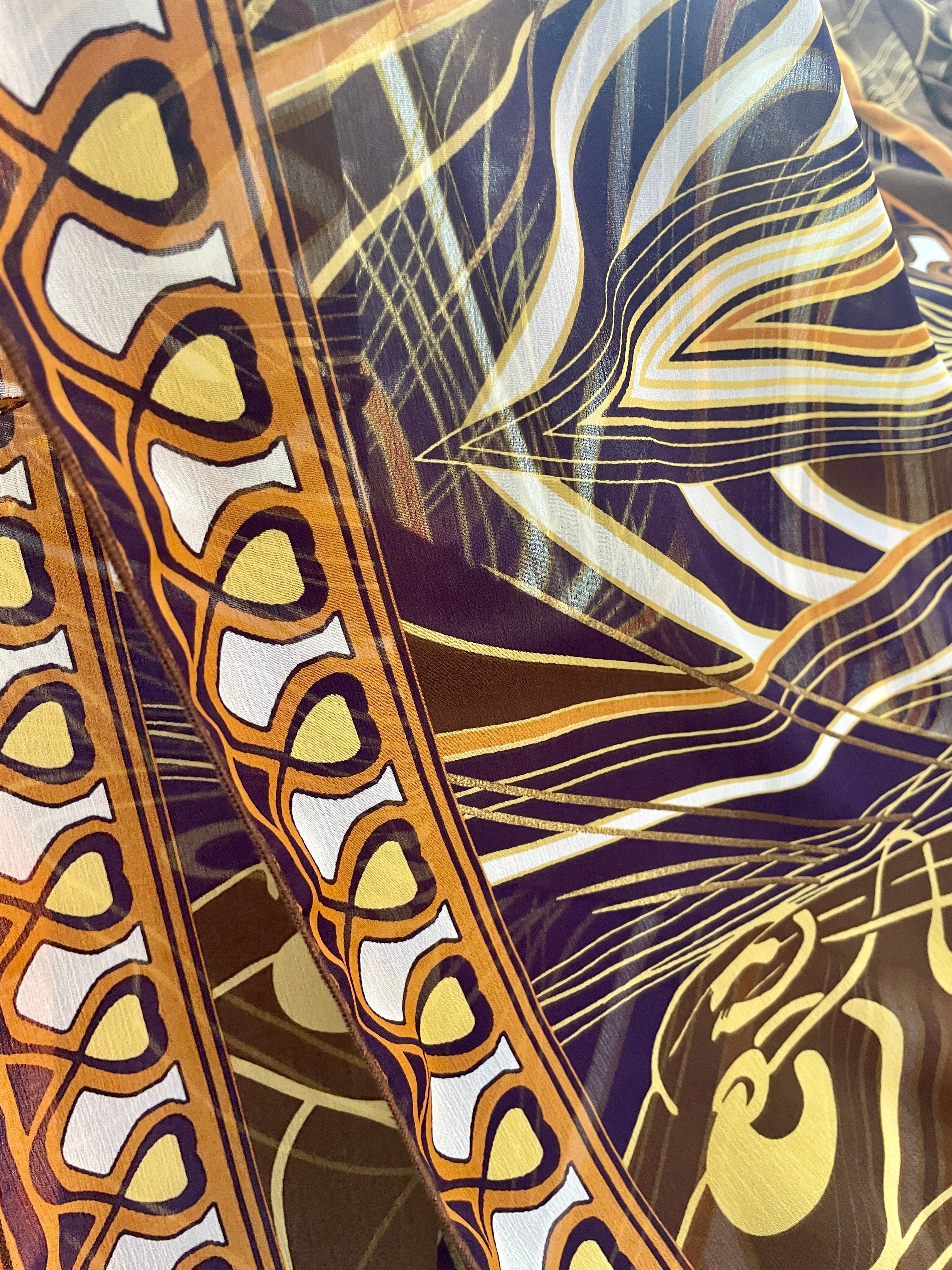 Art Nouveau 70s Style Abstract Print Chiffon Maxi Dress – Empire Waist Flutter Sleeve - Sz