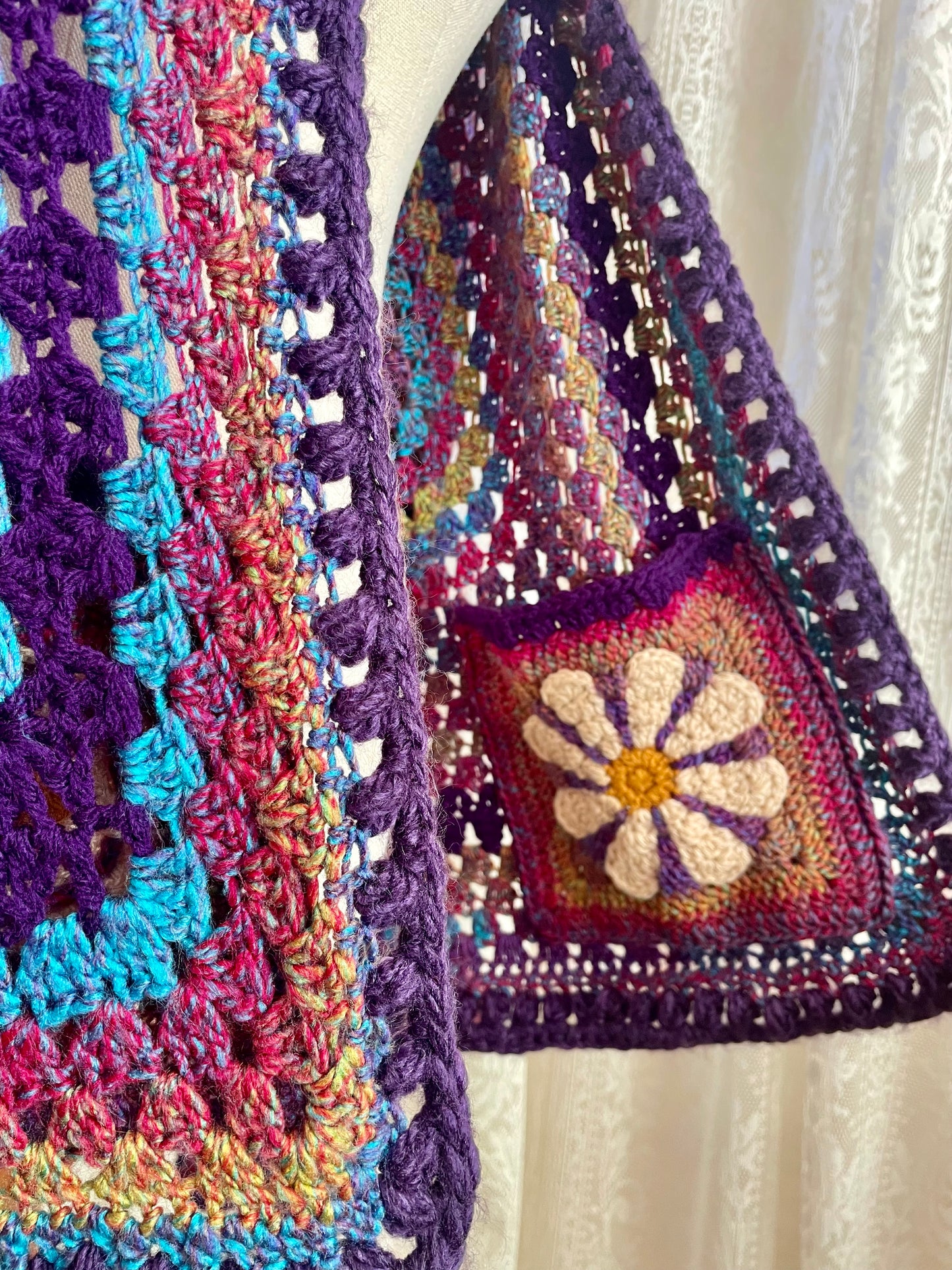 Purple Rainbow Reversible Crochet Cardigan with Bell Sleeves