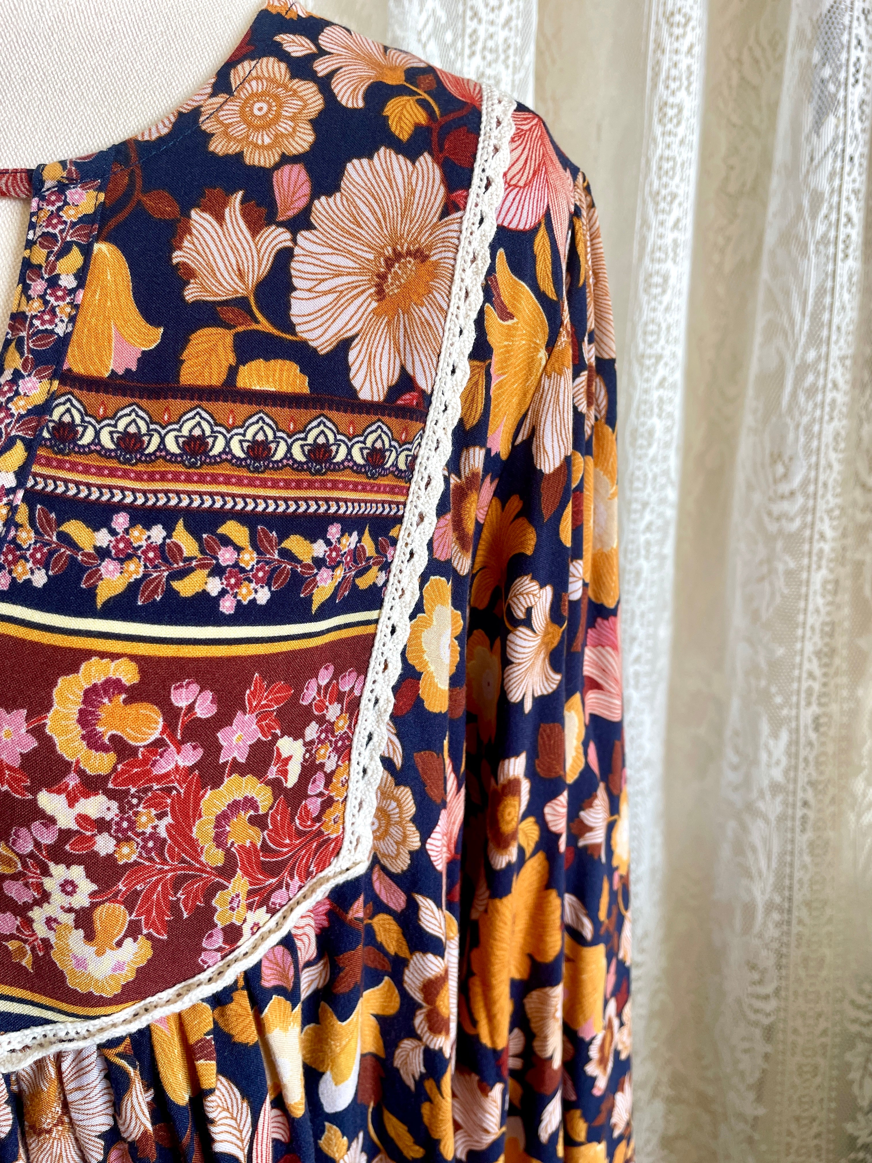 Salty Bright Ochre & Navy Floral Boho Peasant Top – Size 12