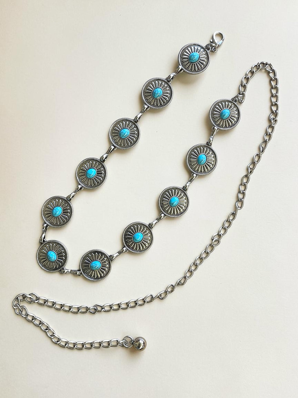 Western Style Silver Turquoise Concho Chain Belt Cowgirl Boho Festival