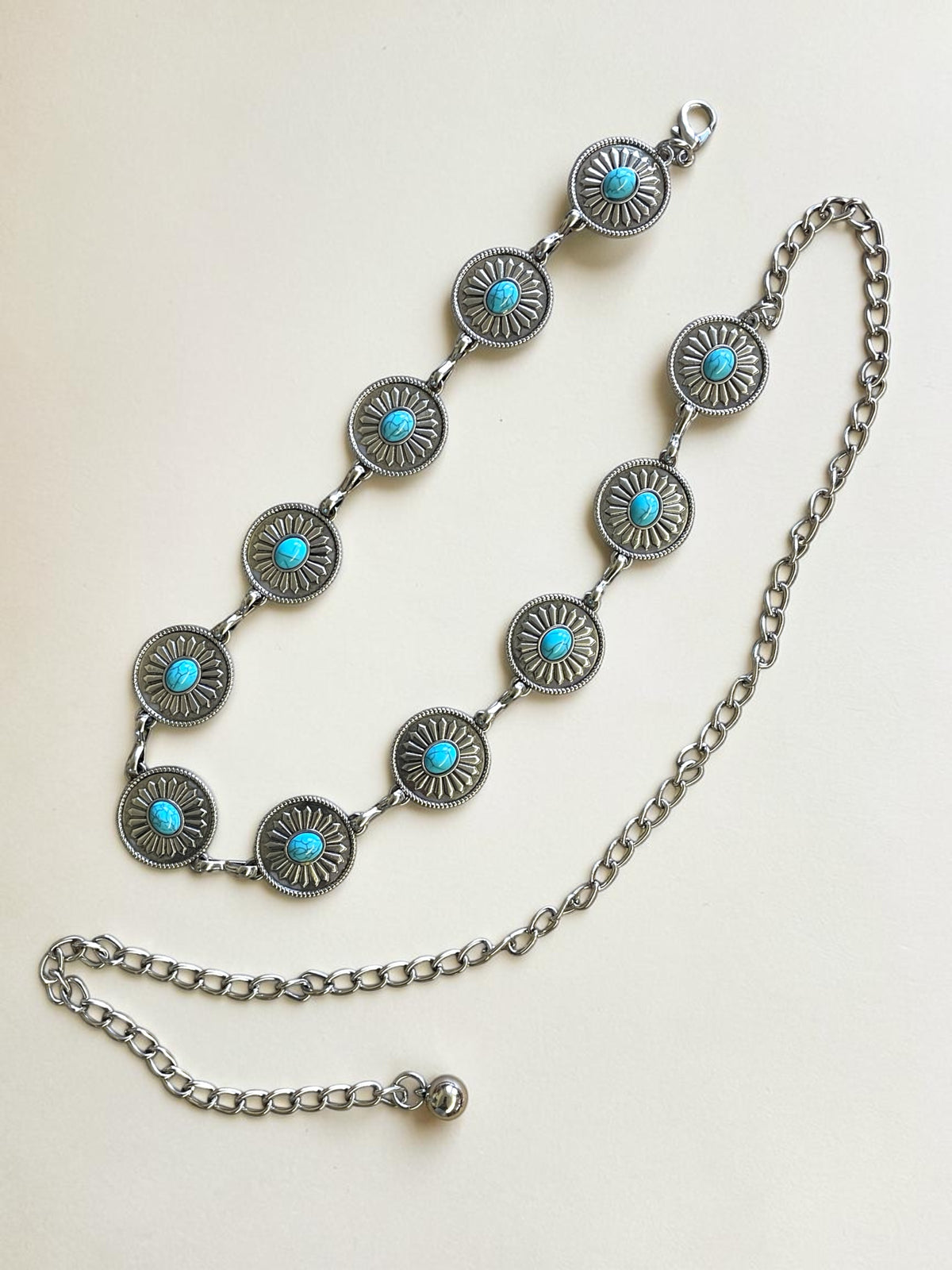 Western Style Silver Turquoise Concho Chain Belt Cowgirl Boho Festival