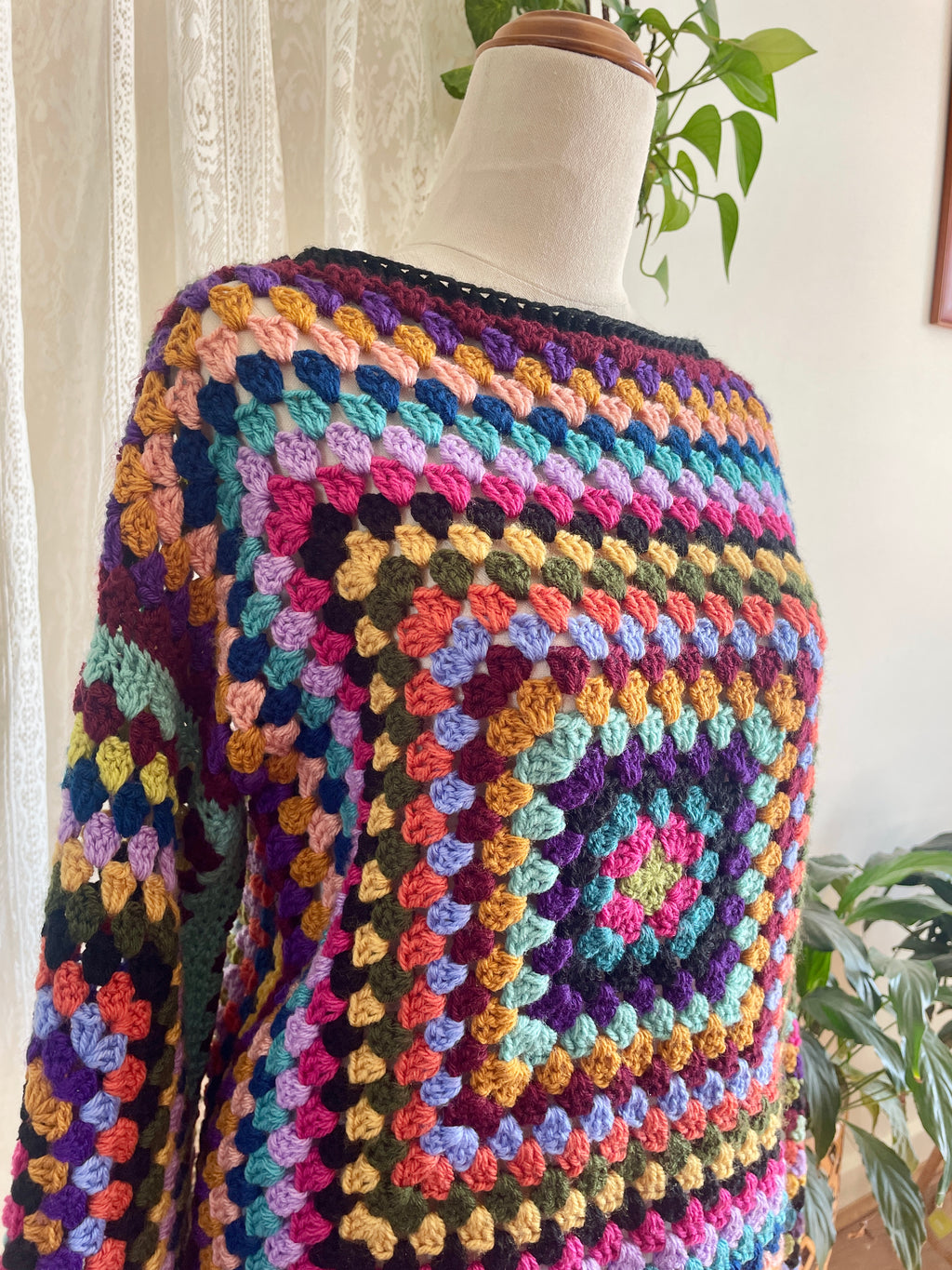 Crochet granny square jumper, multicolour, black trims