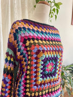 Crochet granny square jumper, multicolour, black trims