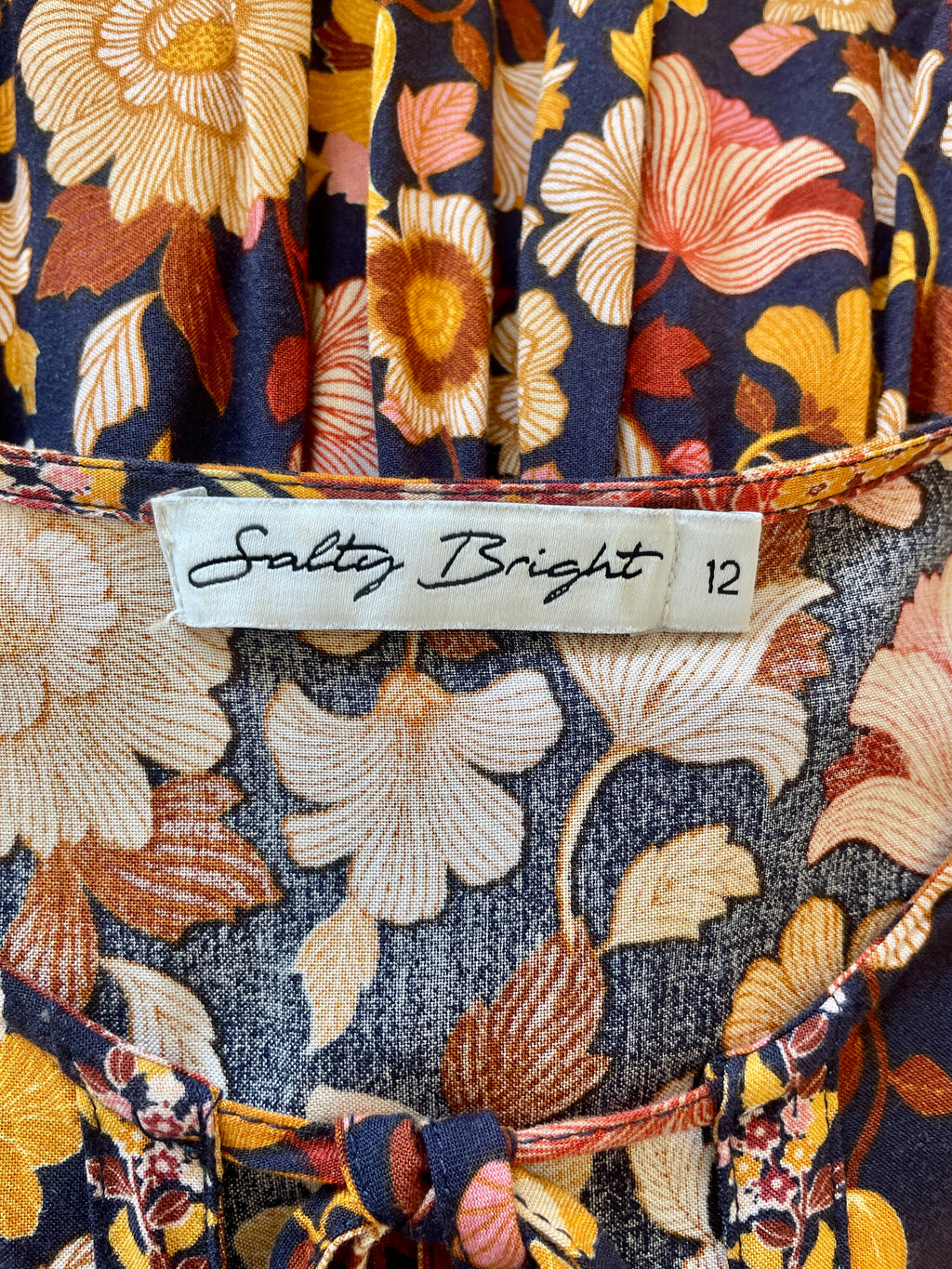 Salty Bright Ochre & Navy Floral Boho Peasant Top – Size 12