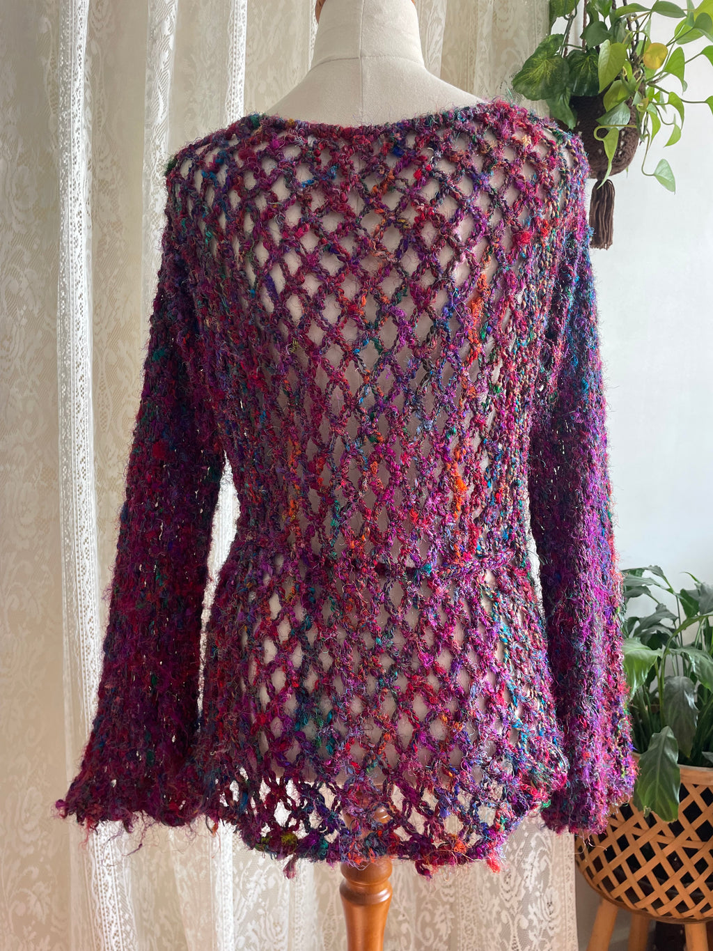 Boho Recycled Sari Silk Crochet Cardigan - Fairycore Open Knit