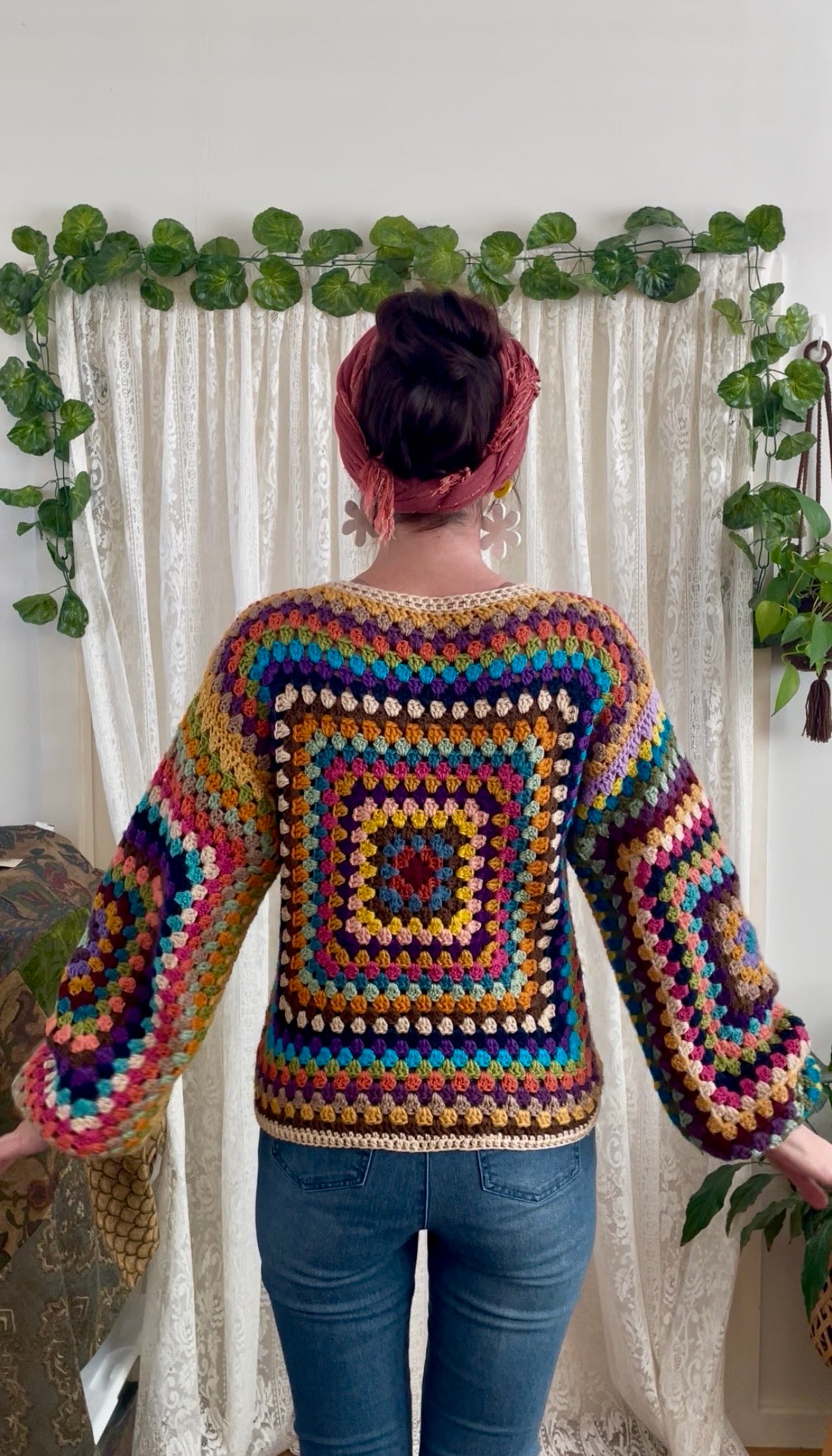 Crochet Rainbow Granny Square Jumper with Cuffs