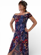 Pre-Loved Navy Floral off shoulder dress with front split - Sz 10