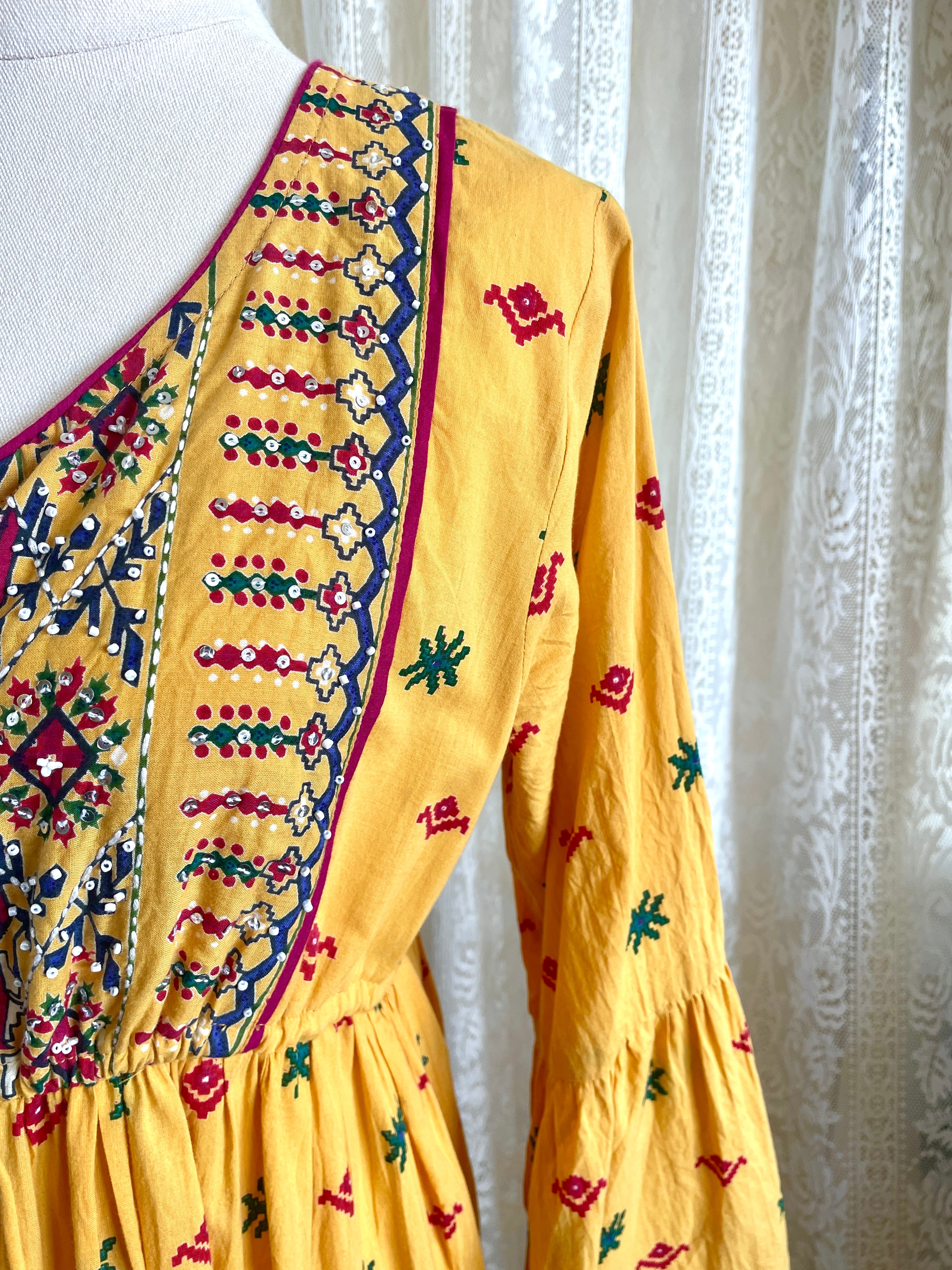 Ishka Marigold Yellow Embroidered Boho Maxi Dress – Bell Sleeve Tiered Smock Sz 14