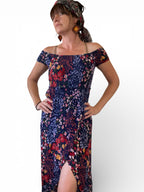 Pre-Loved Navy Floral off shoulder dress with front split - Sz 10