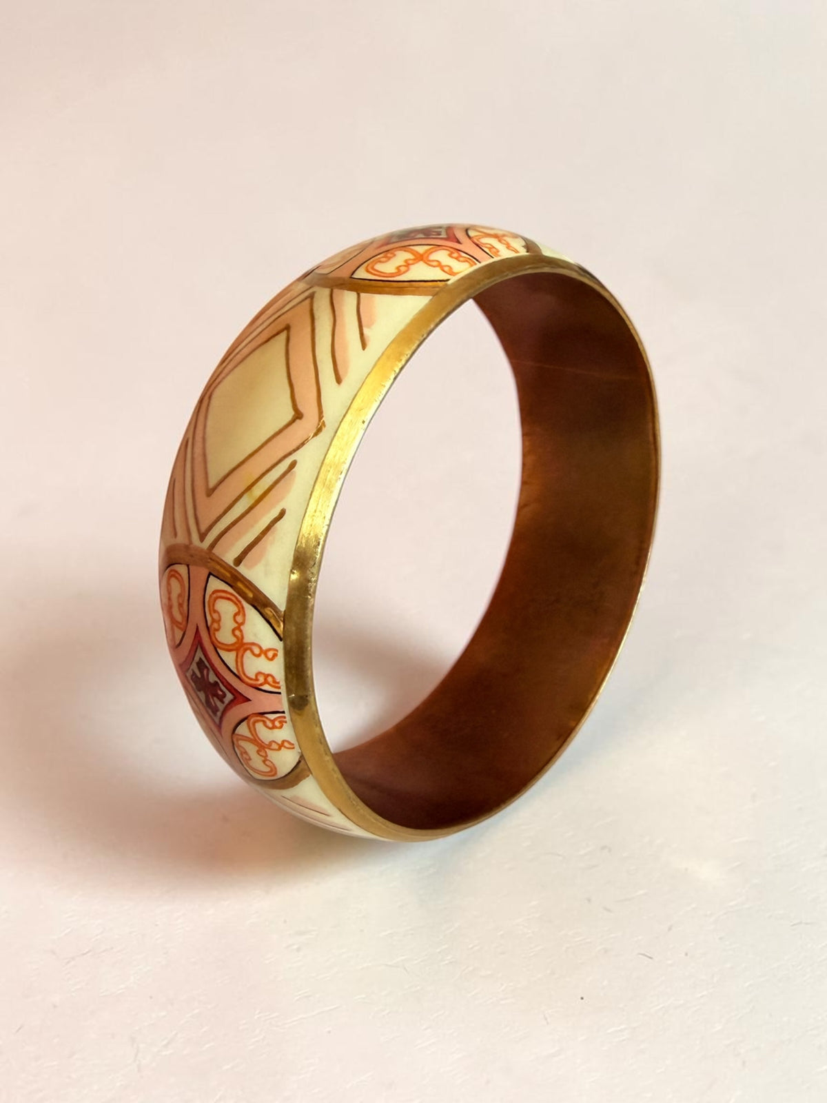 Vintage Brass Enamel Bangle Geometric Tile Cream Blush Pink Gold Cloisonne Cuff Bracelet