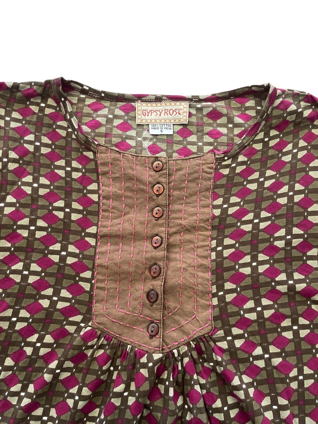 Pink & Brown Pattern 3/4 Sleeve Tunic Top