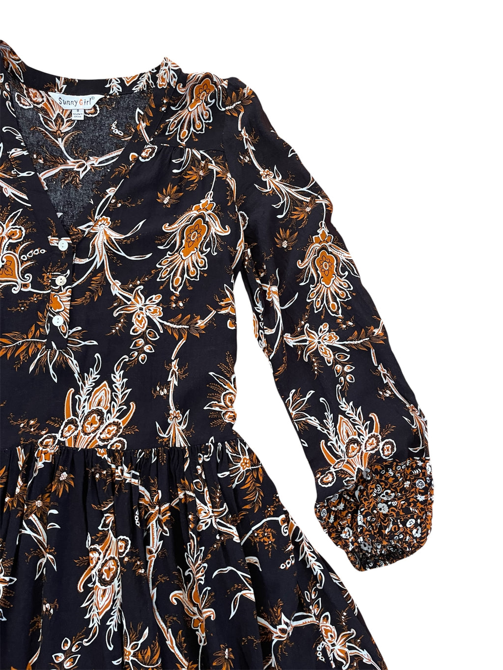 Paisley black & brown floral print l/s dress