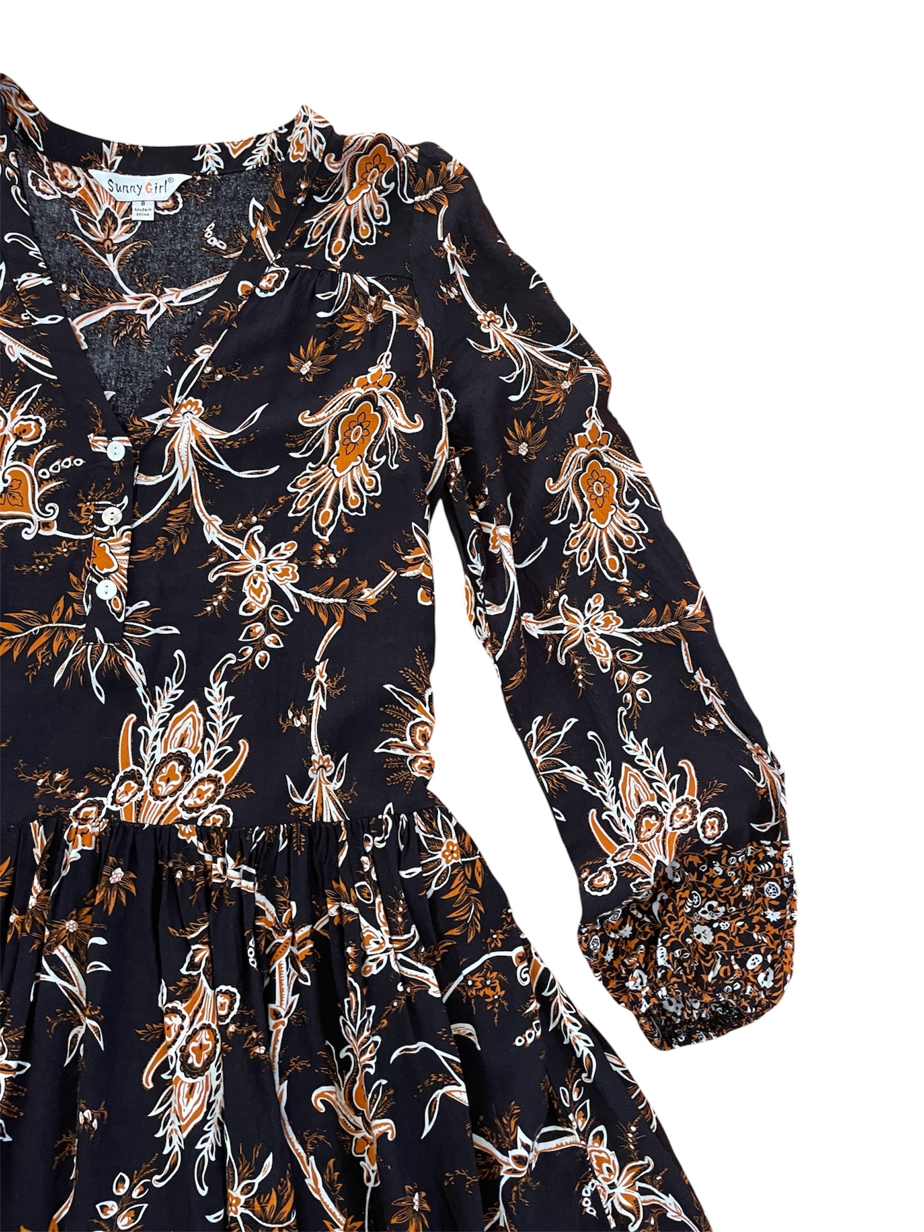 Paisley black & brown floral print l/s dress