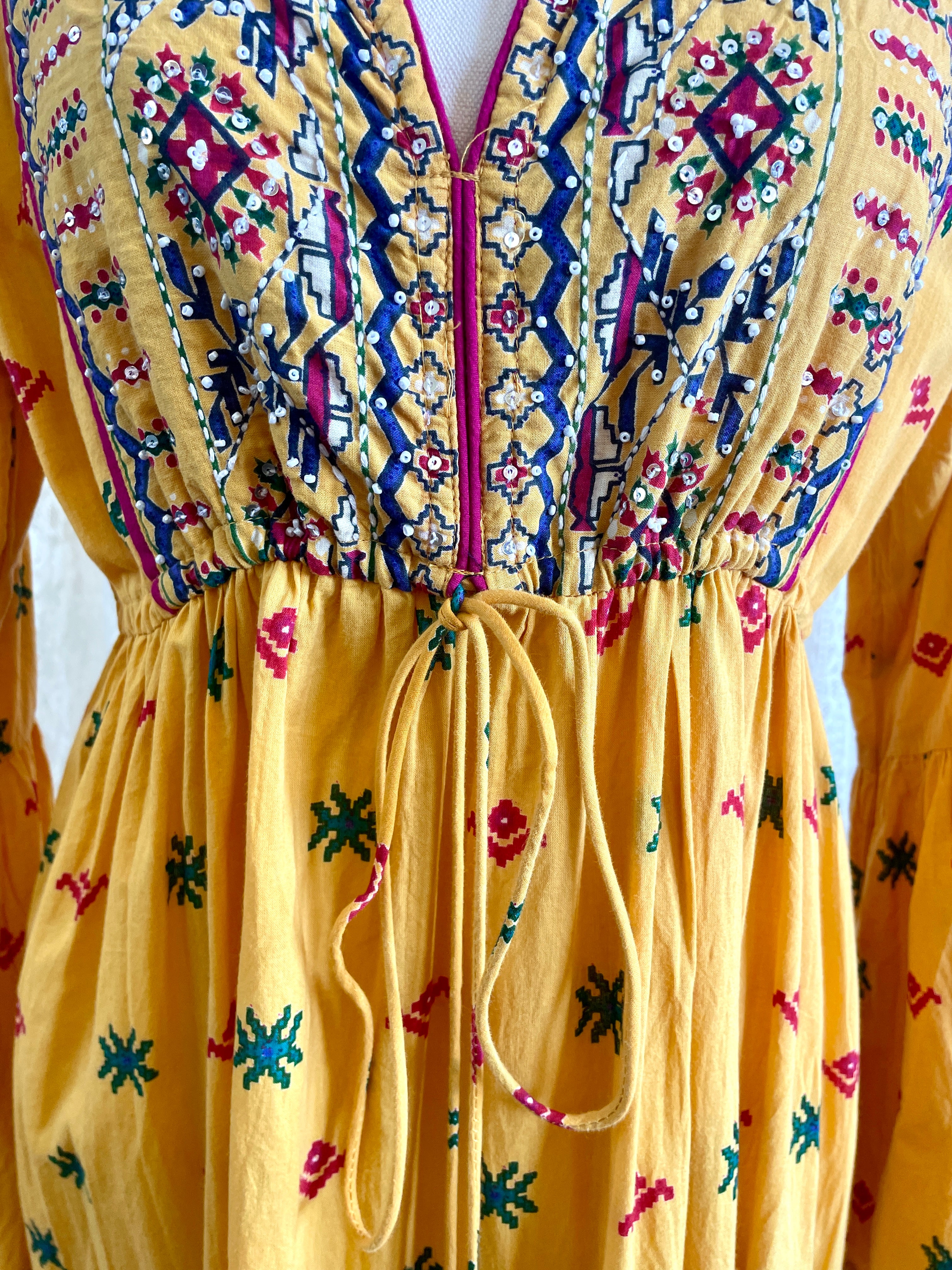 Ishka Marigold Yellow Embroidered Boho Maxi Dress – Bell Sleeve Tiered Smock Sz 14