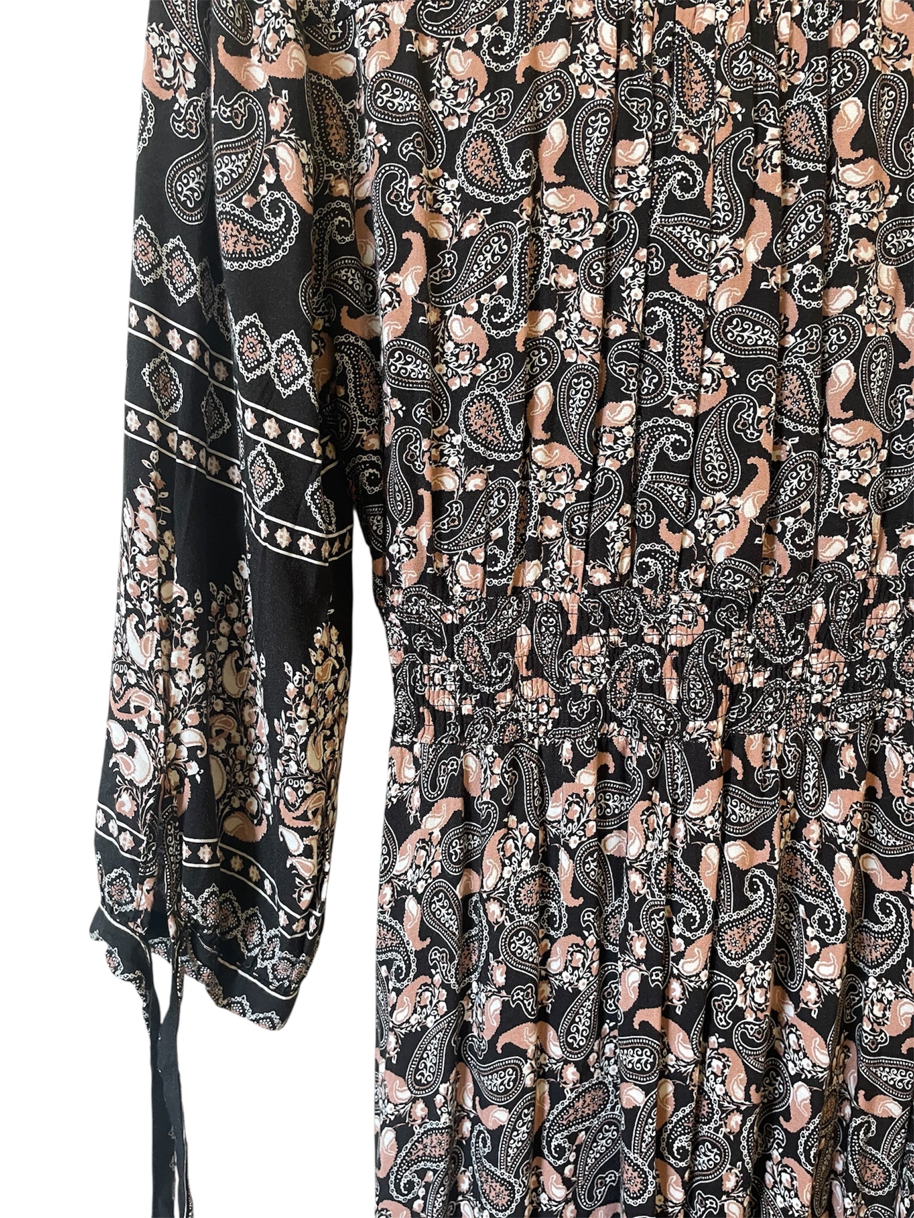 Black/beige paisley print 3/4 sleeve dress Sz M