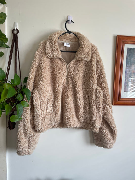 Beige Fluffy Teddy Jumper with High Zip Collar